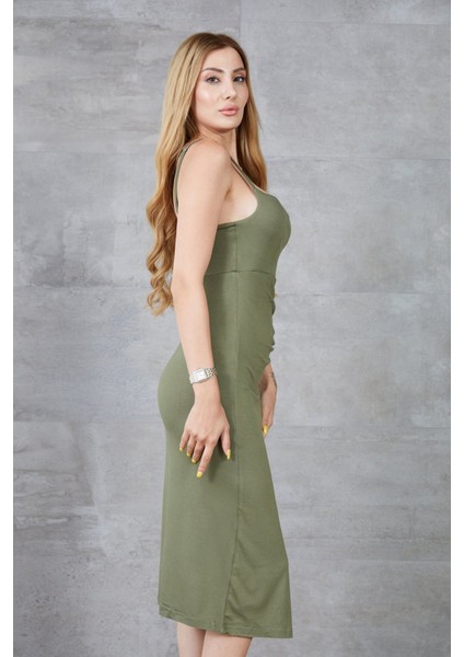 İp Askılı Büzgü Detay Yırtmaçlı Elbise fırsatları