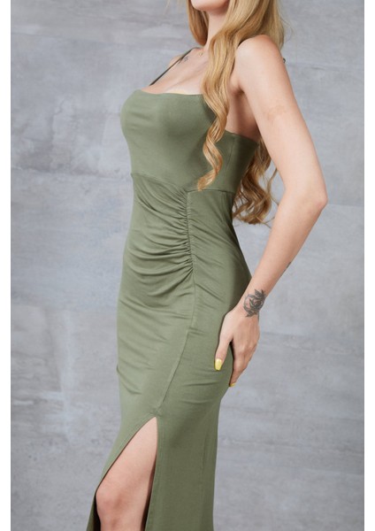 İp Askılı Büzgü Detay Yırtmaçlı Elbise indirimleri