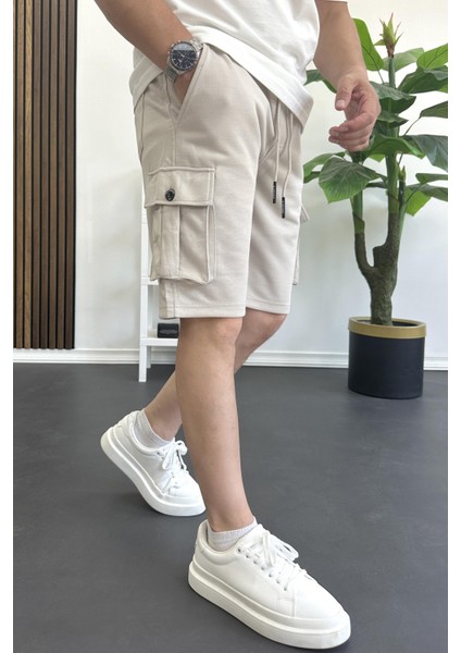 Erkek Beli Lastikli Cepli Şort Krem EDW388