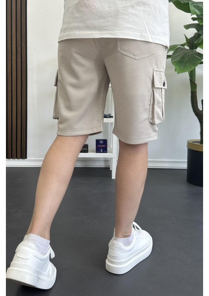 Erkek Beli Lastikli Cepli Şort Krem EDW388 modelleri