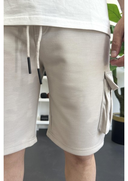 Erkek Beli Lastikli Cepli Şort Krem EDW388 fırsatları