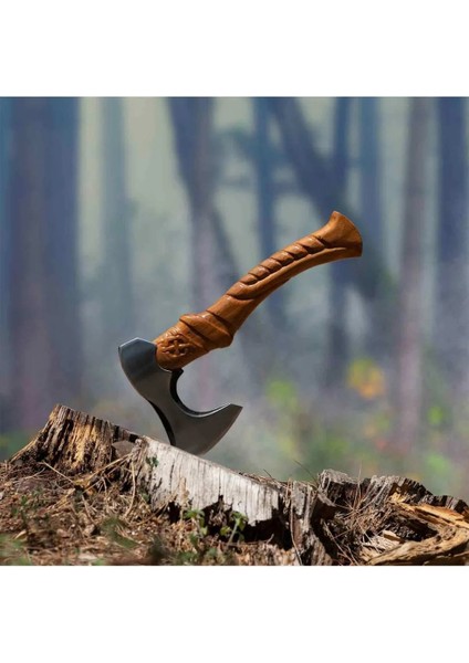 Gerçek Viking Baltası Tasarım Tescilli Kamp Baltası Hakiki Deri Kılıf Hediyeli Ceviz Ağacı Saplı