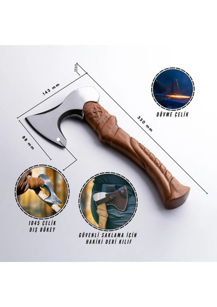 Gerçek Viking Baltası Tasarım Tescilli Kamp Baltası Hakiki Deri Kılıf Hediyeli Ceviz Ağacı Saplı modelleri