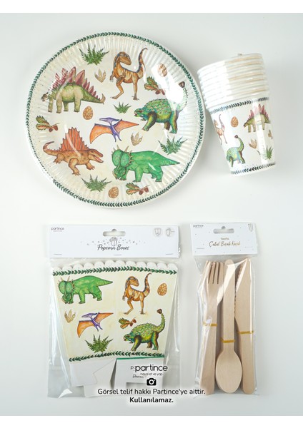8 Kişilik Dinozor Tema Kullan At Karton Popcorn Mısır Kutusu- Tabak-Bardak-Çatal Kaşık Bıçak Parti Seti