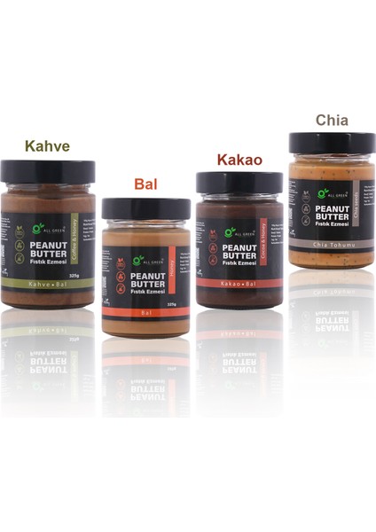Fıstık Ezmesi 4'lü Paketi (Kahvali- Balli- Chia- Kakao) | Koruyucu Içermez, Şekersiz, Doğal
