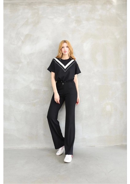 Osy Modal Yumuşak Dokulu Kumaş Bisiklet Yaka Parçalı Detaylı Kısa Kollu Takım - Siyah modelleri