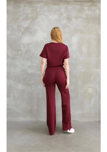 Osy Modal Yumuşak Dokulu Kumaş Bisiklet Yaka Parçalı Detaylı Kısa Kollu Takım - Bordo fiyatları
