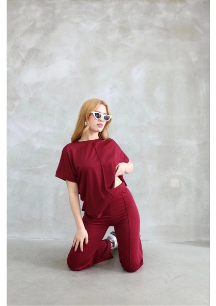 Osy Modal Yumuşak Dokulu Kumaş Bisiklet Yaka Kısa Kollu Takım - Bordo modelleri