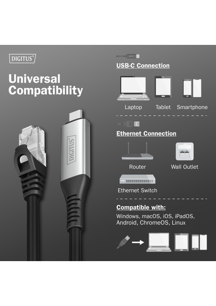 Dıgıtus Usb-C 3.2 Gen1 - RJ45 Ethernet Kablosu, 1gbit/s, 10 Metre