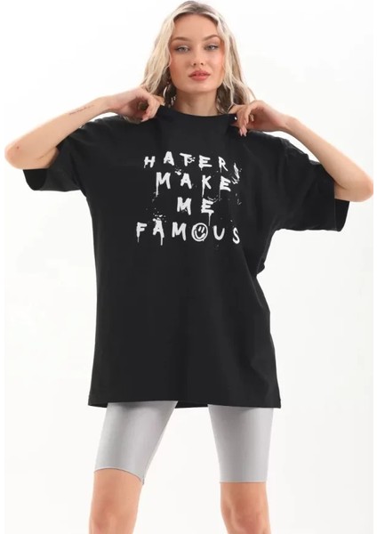 Unisex Baskılı Oversize T-Shirt - Siyah indirimleri