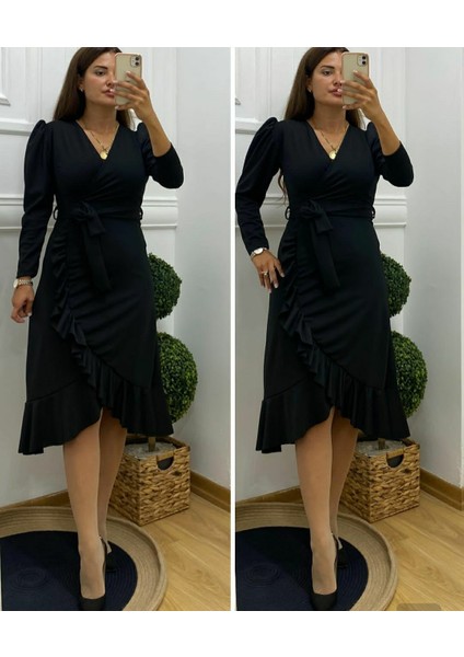 Krep Kumaş Midi Boy Kuşaklı Uzunkol Elbise 113 cm