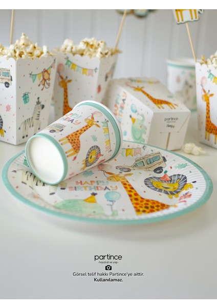 8 Kişilik Safari Tema Kullan At Karton Popcorn Mısır Kutusu- Tabak-Bardak-Çatal Kaşık Bıçak Parti Seti fiyatları