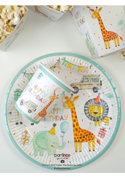 8 Kişilik Safari Tema Kullan At Karton Popcorn Mısır Kutusu- Tabak-Bardak-Çatal Kaşık Bıçak Parti Seti fırsatları