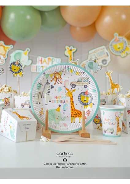 8 Kişilik Safari Tema Kullan At Karton Popcorn Mısır Kutusu- Tabak-Bardak-Çatal Kaşık Bıçak Parti Seti