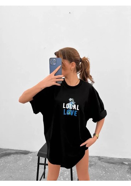 Unisex Bisiklet Yaka Baskılı Oversize T-Shirt - Siyah fiyatları