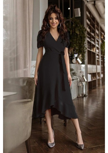 Kadın Kruvaze Yaka Midi Boy Kuşaklı Krep Elbise 120 cm fırsatları