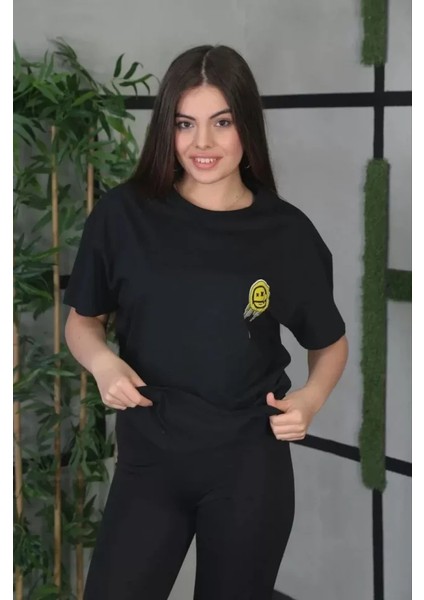 Unisex Bisiklet Yaka Baskılı Oversize T-Shirt - Siyah fiyatları