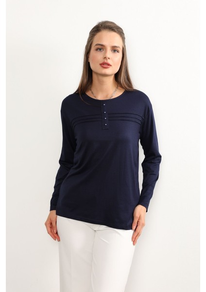 Kadın Likralı Büyük Beden Orta Yaş ve Üzeri Dört Mevsim Kiremit Anne Penye Bluz Çizgili Şeritli Lacivert - Xl