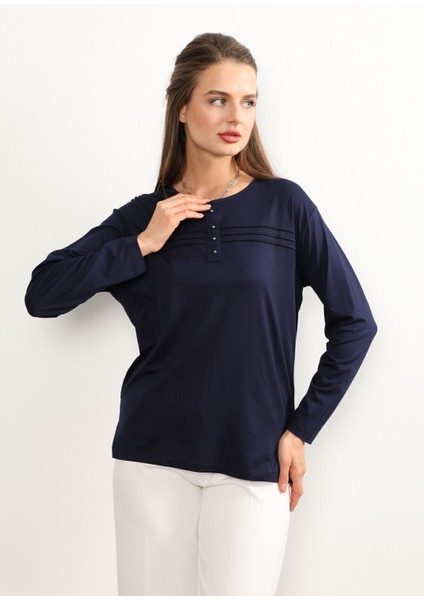 Kadın Likralı Büyük Beden Orta Yaş ve Üzeri Dört Mevsim Kiremit Anne Penye Bluz Çizgili Şeritli Lacivert - Xl fiyatları