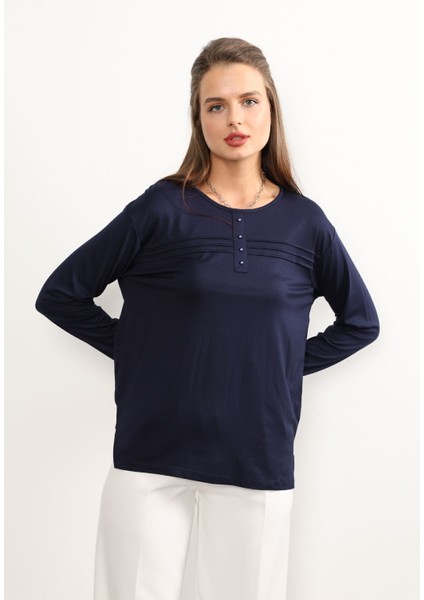 Kadın Likralı Büyük Beden Orta Yaş ve Üzeri Dört Mevsim Kiremit Anne Penye Bluz Çizgili Şeritli Lacivert - Xl fırsatları