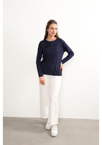 Kadın Likralı Büyük Beden Orta Yaş ve Üzeri Dört Mevsim Kiremit Anne Penye Bluz Çizgili Şeritli Lacivert - Xl indirimleri