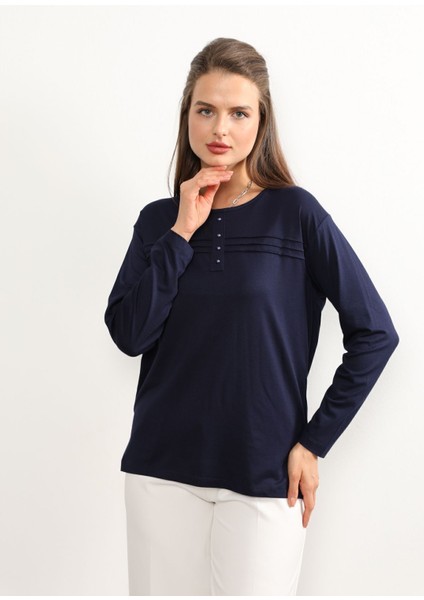 Kadın Likralı Büyük Beden Orta Yaş ve Üzeri Dört Mevsim Kiremit Anne Penye Bluz Çizgili Şeritli Lacivert - Xl