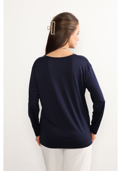 Kadın Likralı Büyük Beden Orta Yaş ve Üzeri Dört Mevsim Kiremit Anne Penye Bluz Çizgili Şeritli Lacivert - Xl