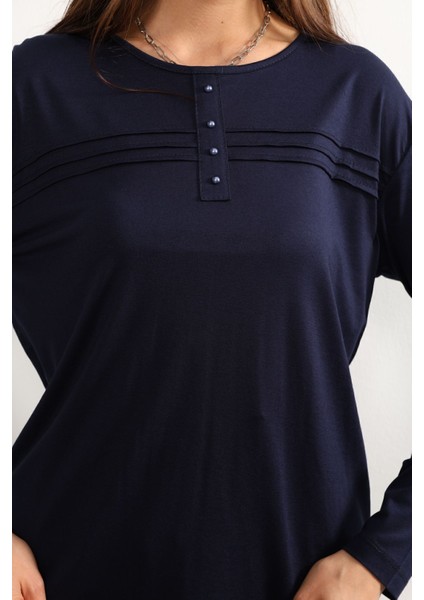 Kadın Likralı Büyük Beden Orta Yaş ve Üzeri Dört Mevsim Kiremit Anne Penye Bluz Çizgili Şeritli Lacivert - Xl