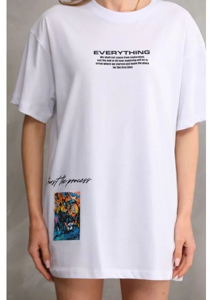 Unisex Bisiklet Yaka Baskılı Oversize T-Shirt - Beyaz