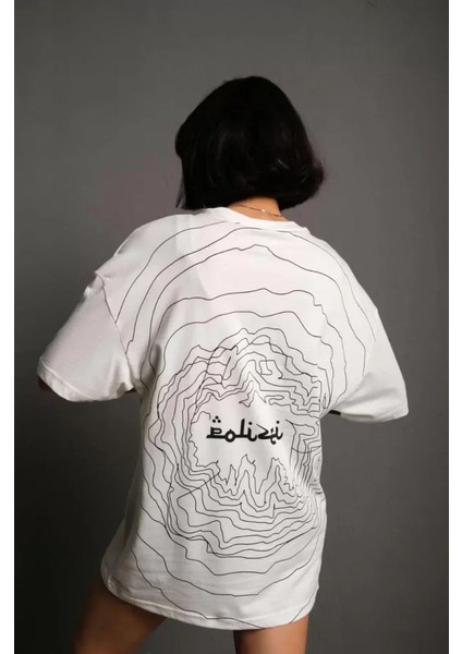 Giyimodam Bisiklet Yakalı Sırt Baskılı Oversize T-Shirt - Beyaz