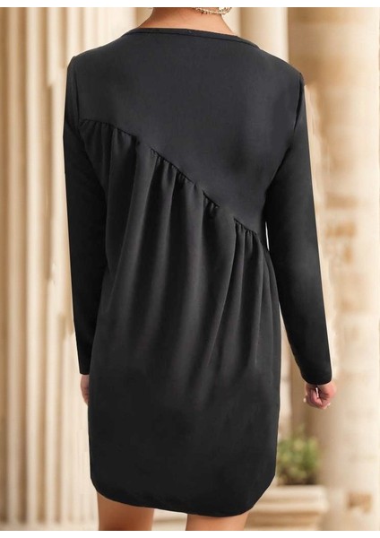 Giyimodam Kadın Uzun Kollu Bisiklet Yaka Çapraz Büzgü Detay Iki Iplik Mini Boy Elbise