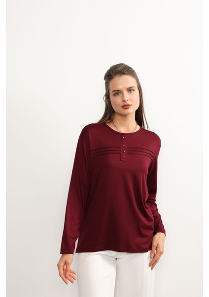 Kadın Likralı Büyük Beden Orta Yaş ve Üzeri Dört Mevsim Kiremit Anne Penye Bluz Çizgili Şeritli Bordo - 2xl