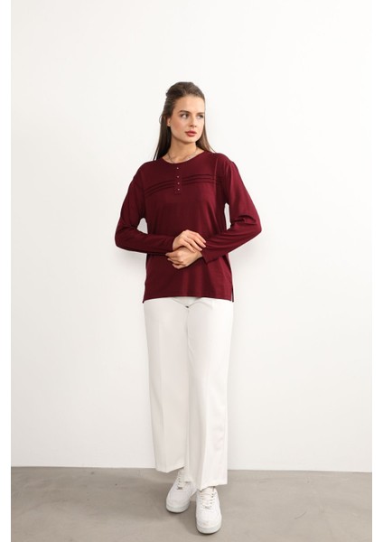 Kadın Likralı Büyük Beden Orta Yaş ve Üzeri Dört Mevsim Kiremit Anne Penye Bluz Çizgili Şeritli Bordo - 2xl fiyatları