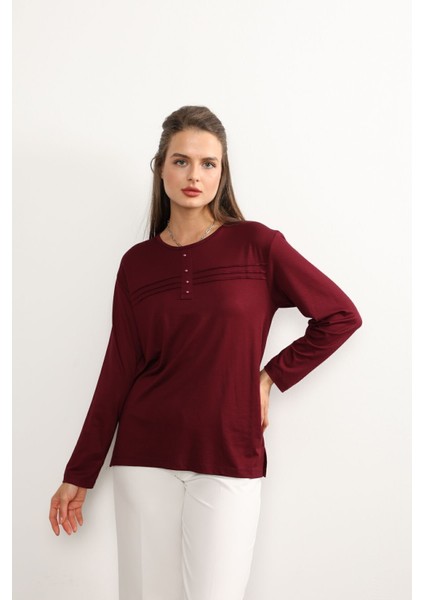 Kadın Likralı Büyük Beden Orta Yaş ve Üzeri Dört Mevsim Kiremit Anne Penye Bluz Çizgili Şeritli Bordo - 2xl modelleri