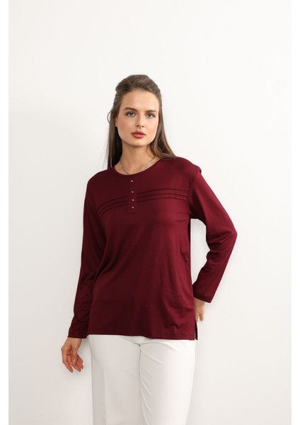 Kadın Likralı Büyük Beden Orta Yaş ve Üzeri Dört Mevsim Kiremit Anne Penye Bluz Çizgili Şeritli Bordo - 2xl fırsatları