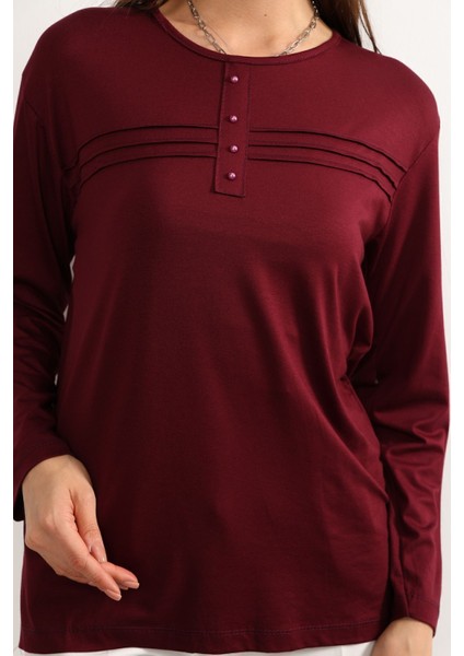 Kadın Likralı Büyük Beden Orta Yaş ve Üzeri Dört Mevsim Kiremit Anne Penye Bluz Çizgili Şeritli Bordo - 2xl indirimleri