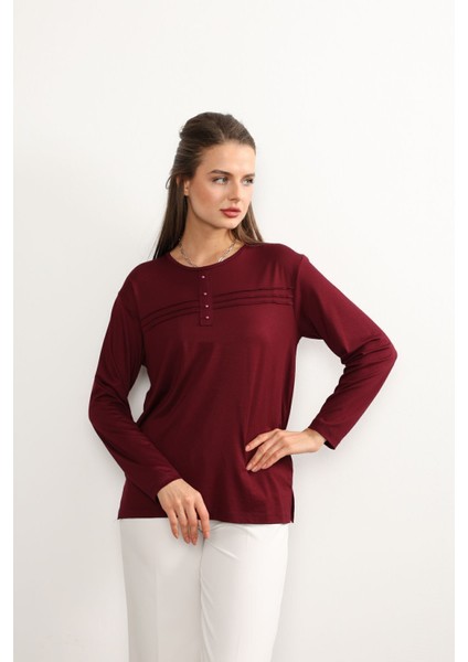 Kadın Likralı Büyük Beden Orta Yaş ve Üzeri Dört Mevsim Kiremit Anne Penye Bluz Çizgili Şeritli Bordo - 2xl