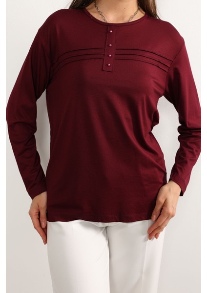 Kadın Likralı Büyük Beden Orta Yaş ve Üzeri Dört Mevsim Kiremit Anne Penye Bluz Çizgili Şeritli Bordo - 2xl