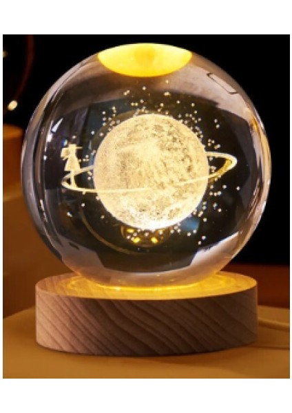 Dekoratif Satürn Kız Tasarımlı Ahşap Altlıklı Işıklı Cam Küre 6cm