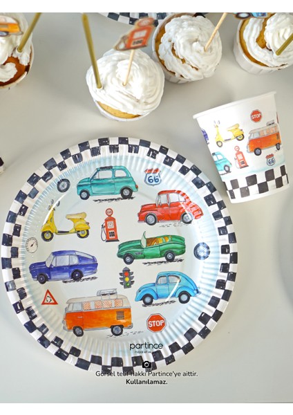 8 Kişilik Araba Tema Kullan At Karton Popcorn Mısır Kutusu- Tabak-Bardak-Çatal Kaşık Bıçak Parti Seti