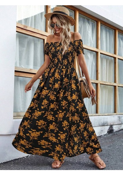 Kadın Kısa Kollu Madonna Yaka Yırtmaçlı Çiçek Desenli Süprem Elbise fiyatları