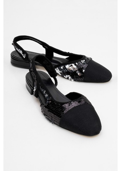 Lujo Siyah Payetli Kadın Arkası Açık Düz Babet Ayakkabı