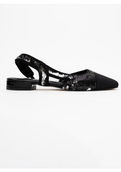 Lujo Siyah Payetli Kadın Arkası Açık Düz Babet Ayakkabı modelleri