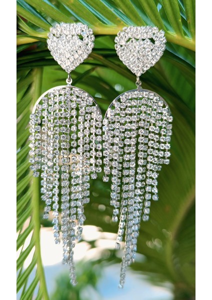 Gümüş Renk Zirkon Taşlı Lüks Abiye Küpe