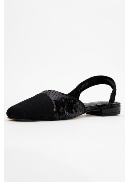 Lujo Siyah Payetli Kadın Arkası Açık Düz Babet Ayakkabı