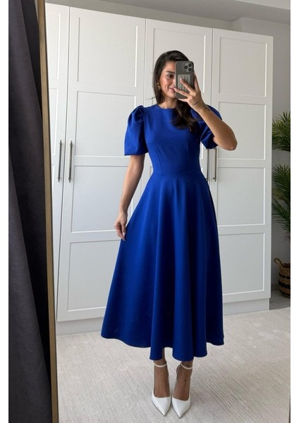 Kadın Kısa Balon Kollu Bisiklet Yaka Geniş Kesim Janjan Krep Elbise