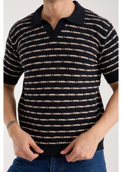 Erkek Polo Yaka Baklava Desenli Dokulu Lacivert Kısa Kollu Triko Tişört