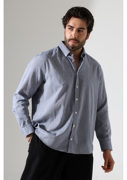 Yeni Sezon Oversize Kesim Uzun Kol Pamuk Keten Erkek Lacivert Gömlek modelleri