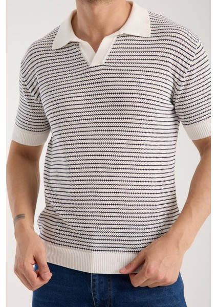 Erkek Polo Yaka Links Örgü Dokulu Beyaz Kısa Kollu Triko Tişört