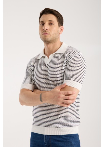 Erkek Polo Yaka Links Örgü Dokulu Beyaz Kısa Kollu Triko Tişört fiyatları